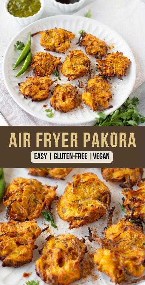 The crispy and golden Air Fryer Pakoras are cooked to perfection! These Air fried onion bhaji are made with sliced onions, gram flour (besan), and spices. These crunchy, flavorful fritters are a perfect snack with a cup of masala chai! | easy indian food recipes | pakora recipe indian | https://pipingpotcurry.com/air-fryer-pakora/ Onion Pakora Recipe, Onion Bhaji Recipes, Air Fryer Recipes Indian, Onion Pakora, Vegetable Pakora, Onion Bhaji, Dips Recipes, Pakora Recipe, Pakora Recipes