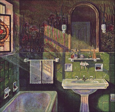 Aquatic Theme, Art Deco Motifs, Sophisticated Bathroom, Famous Dogs, Chrome Fixtures, Green Tile, Studio Setup, Green Bathroom, Vintage Bathroom