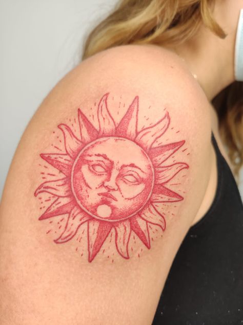 Red ink tattoo Sicilian Sun Tattoo, Sun Dragon Tattoo, Red Ink Sun Tattoo, Mexican Sun Tattoo, Red Sun Tattoo, Traditional Sun Tattoo, Sun Tattoo Designs, Moon Tattoos, Gemini Tattoo