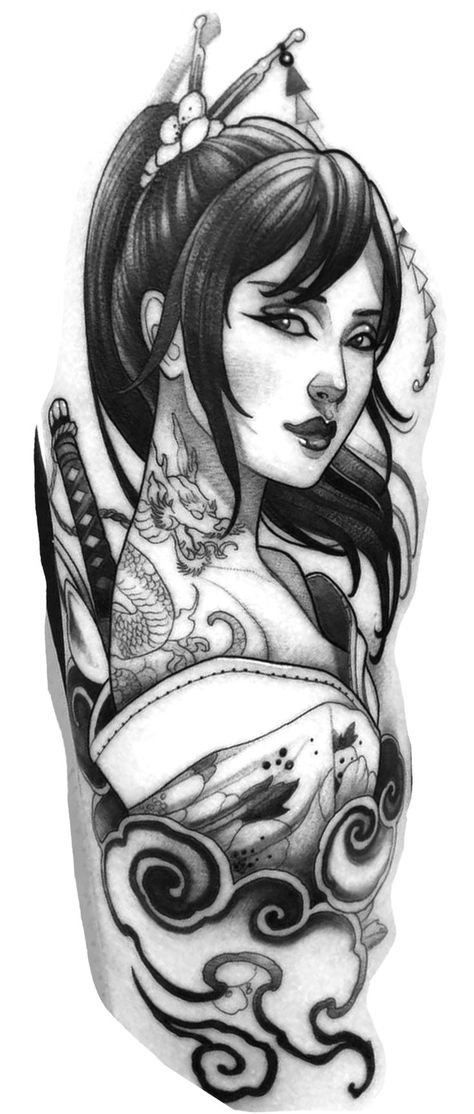 Female Warrior Tattoo Design, Geisha Mask Tattoo, Geisha Warrior Tattoo, Geisha Tattoo Design Ideas, Geisha Tattoo For Men, Orientalism Art Tattoo, Small Tattoos Minimalist, Blackwork Japanese Tattoo, Female Samurai Tattoo