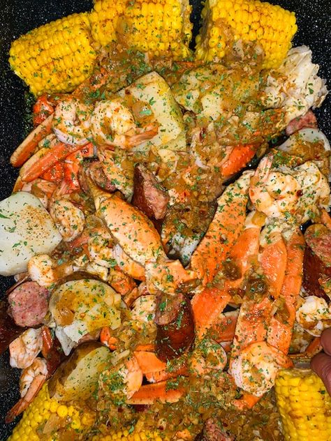 GARLIC BUTTER SEAFOOD BOIL - Razzle Dazzle Life Steampots Seafood, Seafood Boil In Oven Foil Pan, Mini Seafood Boil, Seafood Butter Sauce Recipe, Hot Weather Food, Garlic Butter Seafood Boil, Garlic Butter Seafood, Seafood Boil Seasoning, Crab Boil Recipe