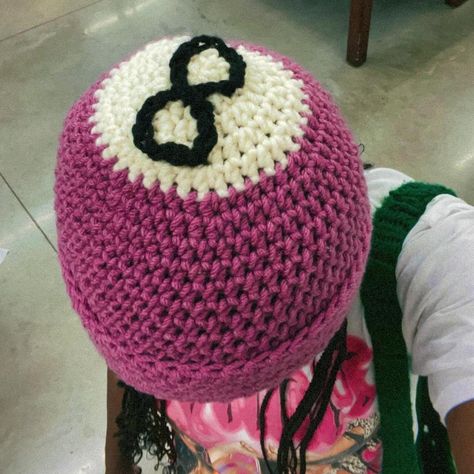 Crocheted, handmade 8 ball beanie One size Message... - Depop 8 Ball Crochet Beanie, 8 Ball Crochet Hat, 8 Ball Beanie, Crochet Beanie With Design, Crochet 8 Ball Beanie, Crochet Hats Aesthetic, Crochet Disco Ball, Crochet Beanie Designs, Crazy Crochet Ideas