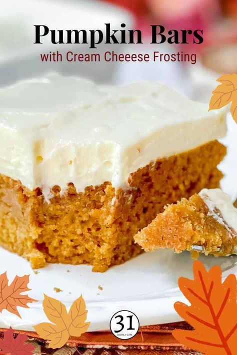 Pumpkin Bars with Cream Cheese Frosting is a classic fall dessert that's simple to make, soft, utterly delicious, and filled with warm spices. The velvety Cream Cheese Frosting makes these simple bars a standout favorite. Creamcheesefrosting Recipe, Simple Bars, Easy Pumpkin Bars, Pumpkin Bars With Cream Cheese, Classic Fall Desserts, Bars With Cream Cheese Frosting, Pumpkin Cream Cheese Pie, Bars With Cream Cheese, Cream Cheese Bars