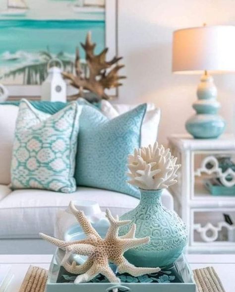 Ocean Theme Apartment, Blue Beach Bedroom Aesthetic, Cottage Living Rooms Cozy, Living Room Ocean Theme, Ocean Aesthetic Room Boho, Sea Inspired Coffee Table, Modern Cottage Living Room, Coastal Decorating Living Room, Beach Living Room