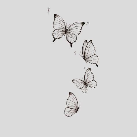 Pretty Butterflies Drawing, Different Butterfly Tattoo Stencil, Four Butterfly Tattoo Designs, Mother Of 3 Tattoo Ideas Minimalist, Butterflies Tattoo Minimalist, Delicate Color Tattoo, Small Tattoo Ideas Butterfly, Butterfly Aesthetic Tattoo, Four Butterflies Tattoo