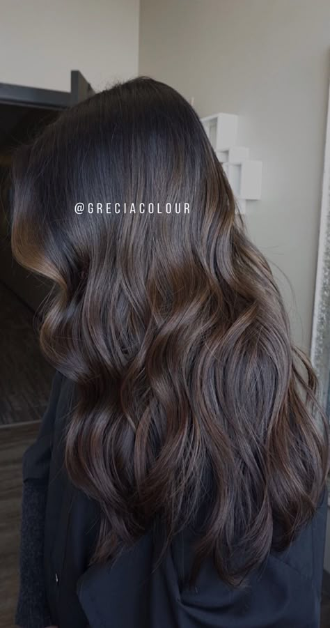 Dark Brunette Chocolate Balayage, Dimensional Dark Brown Balayage, Dark Brown Chocolate Balayage, Expensive Brunette Black Hair, Dark Frosted Brown Hair, Full Brown Highlights On Black Hair, Espresso Hair Balayage, Hair Trend Fall 2023, Soft Brown Highlights On Black Hair