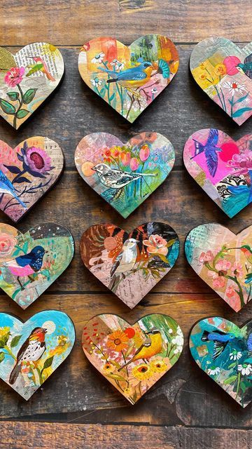 Cathy Nichols on Instagram: "Here is the entire “SweetHEARTS” collection - 12 original hand-painted mixed media hearts. They all have names and stories, and I will be sharing them all in the days leading up to Valentine’s Day! I fell a little bit in love with each of them as I painted! It warms my own heart to say that this collection has sold out. A huge THANK YOU!! I am blown away. I also know this can be frustrating for those who wanted a little bird heart of their own, so I am making prints Collage And Mixed Media, Mixed Media Hearts, Ceramic Collage, Cathy Nichols, Valentine Ornaments, Heart Mixed Media, Heart Art Projects, Mixed Media Art Projects, Art Therapy Projects