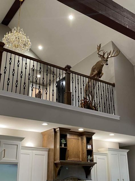 House With Deer Mounts, Hunting Mounts Living Room, Multiple Deer Mount Wall Arrangement, Deer On Wall Living Room, Mounts In Living Room Animal, Hunter Decor Rustic, Living Room Deer Mount Decor, Hunting Themed Living Room, Taxidermy Living Room