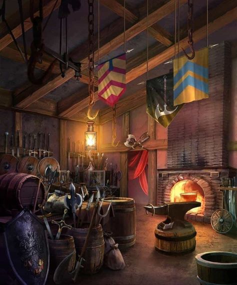 Blacksmith Shop Fantasy Art, Fantasy Blacksmith Shop Concept Art, Blacksmith Shop Concept Art, Blacksmith Forge Fantasy Art, Dnd Store Art, Medieval Blacksmith Shop, Blacksmith Workshop Concept Art, Fantasy Shop Keeper, Acnh Blacksmith