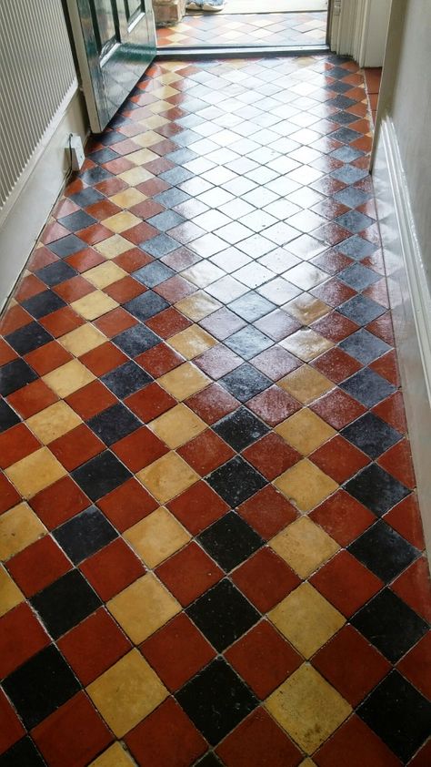 Victorian Tiled Hallway, Checkerboard Tile, Quarry Tile Floor, Hall Tiles, Victorian Hallway, Victorian Tile, Hall Flooring, Tiled Hallway, Victorian Floor