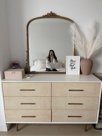 Dresser With Mirror Aesthetic, Dresser On Long Wall, Mirror For Above Dresser, Dressers As Side Tables, Mirrors For Dressers, Womens Bedroom Dressers, Bedroom With Dresser And Vanity, Mirror On Chest Of Drawers, Arched Mirror On Dresser