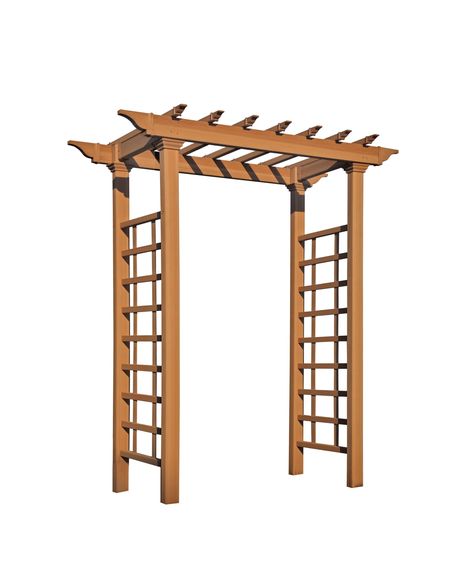 The Carolina Arbor is a stately reinvention of traditional arbor design, bringing a modern charm to any outdoor space. Crafted from durable BPA/phthalate-free embossed PVC, the Carolina gives the appearance of wood with all of the maintenance-free benefits of vinyl. Simple to assemble and install and comes with a 10-year warranty. Note: Opening can be adjusted to span up to 50 inches. Vita New England Arbors 4.75-ft W x 7.3-ft H Cedar Garden Arbor in Brown | VA84070 Arbor Design, New England Arbors, Wood Arbor, Veggie Gardens, Cedar Garden, Backyard Shade, Garden Arbor, Roof Styles, Climbing Plants