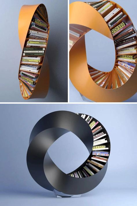 The Hullabaloo is a stand-alone bookshelf that twists and turns in an eclipsing fashion. It’s built by arranging four cuboidal quadrants and twisting them, in order to create a full circle. Aktay calls it ‘a double bent Möbius strip’. In order to make it functional, and a great storage solution, he had to open each quadrant on one side, to create two similar quadrants. The function is fit into the form to create this spectacular furniture design, that seems more like a sculpture. Read More. Circle Furniture Design, Form Follows Function Design, Unique Bookshelf Design, Mobius Sculpture, Illusion Furniture, Cool Furniture Creative, Unique Furniture Design Creative, Organic Bookshelf, Möbius Strip