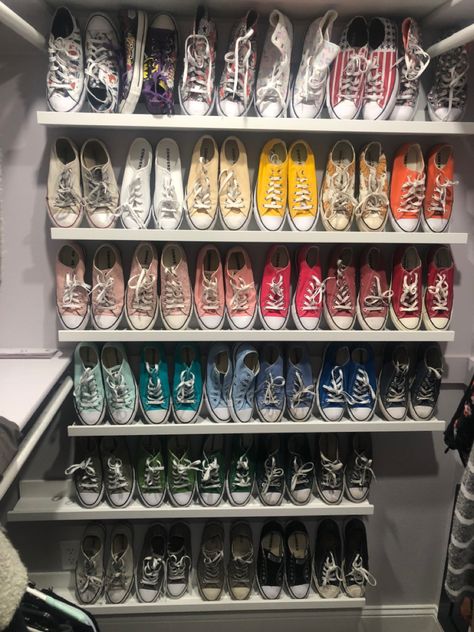 Converse Collection Closet, Converse Display, Shoe Collection Display, Floating Ledge Shelves, Ideas For Floating Shelves, 2030 Vision, Shoes Collage, Mosslanda Picture Ledge, Ledge Shelves