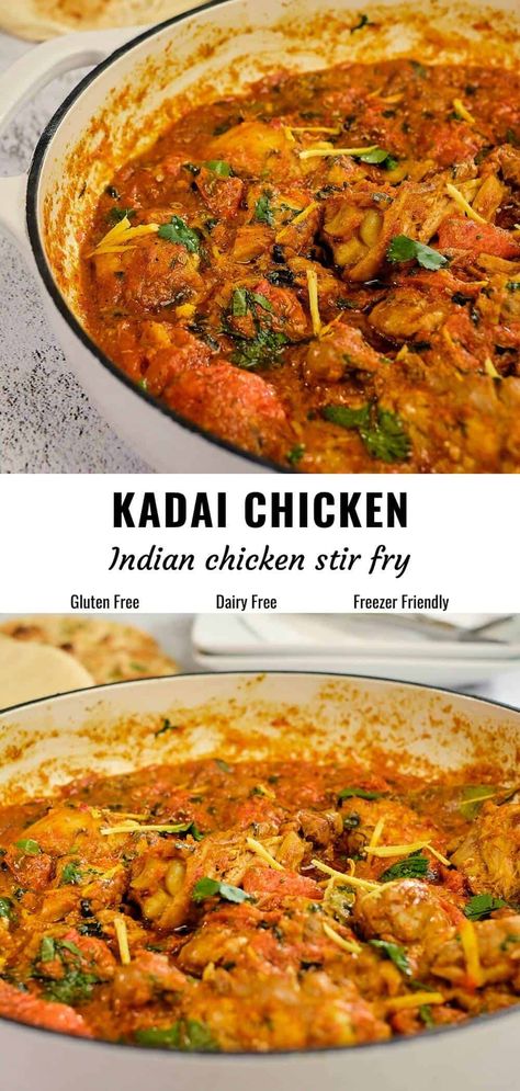 Kadai chicken is a vibrant, flavorful stir-fried dish from Northern India and Pakistan, where chicken is quickly cooked with fresh tomatoes, spices, garlic, ginger, and chilies in a hot iron wok, or kadai. This high-heat method creates a thick, spicy coating around tender chicken, leaving a peppery, savory taste and texture, without a saucy consistency. #kadaichicken #chickenkarahi #Indianchickenrn Karhai Chicken Recipe, Kadai Chicken Recipes Indian, Indian Chicken Thigh Recipes, Indian Chicken Fry Recipe, Kadai Chicken Recipe, Tandoori Curry, Chicken Kadai, Recipes For Chicken Thighs, Chicken Kadai Recipe