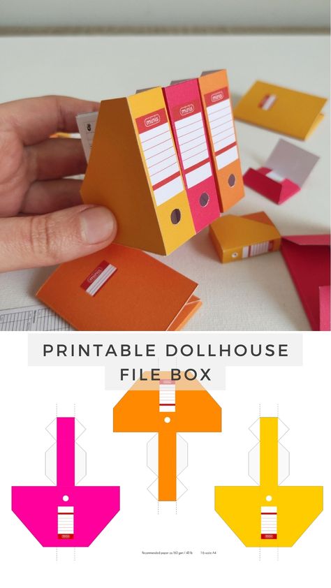 Organizing your dollhouse has never been more fun! Once you've printed the template on sturdy paper, cut and fold along the marked lines to create your mini office file boxes and document folders. Get creative with different colors to suit your personal style. These cute DIY paper miniatures will bring order and character to any space in your dollhouse. Miniature Paper Printables, Printable Folder Template, Dollhouse Miniatures Diy Printables, Miniature Projects Ideas, Paper Toys Printable Templates, Diy Paper Miniatures, Miniature Boxes Printable, Miniatures For Beginners, Paper Printable Crafts