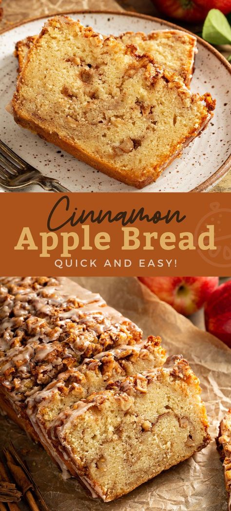 This moist and tender Cinnamon Apple Bread has a scrumptious swirl of brown sugar apples in the middle and a crisp top drizzled with light cinnamon glaze. This easy to make apple bread will become a favorite fall treat and one of the best quick breads you'll ever bake. #recipe #apples #autumn #baking #lemonblossoms #fallflavors Holiday Breads, Bread Quick, Autumn Baking, Cinnamon Glaze, Fall Baking Recipes, Apple Recipes Easy, Sugar Apples, Apple Dessert Recipes, Recipes Baking