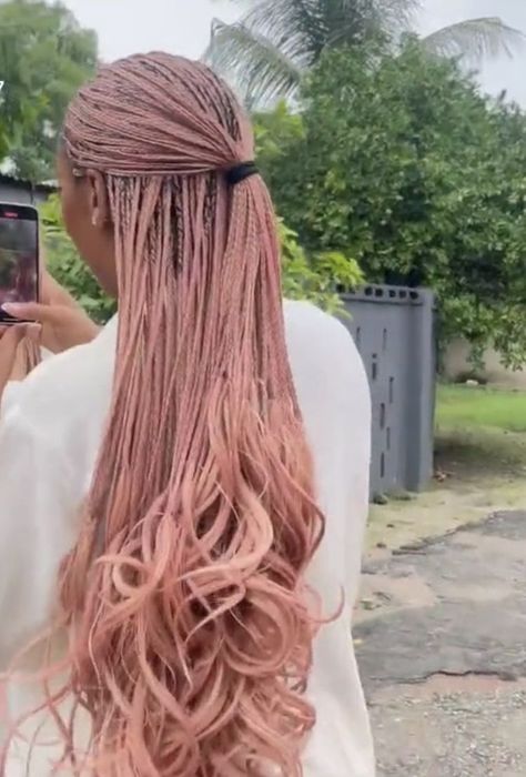 Rose Gold French Curl Braids, Peach Box Braids, Pink Braids Aesthetic, Pastel Pink Box Braids, Pink Curly Braids, Long Layered Braids, Pink Braids With Curls, Pink Braids For Black Women, Pink French Braids