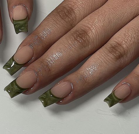 Classy But Edgy Nails, Olive French Tip Nails, Green Nail Designs Square, Jade Green Nails Acrylic, Nail Art Step By Step, Art Step By Step, Green Acrylic Nails, Green Nail, Flower Nail