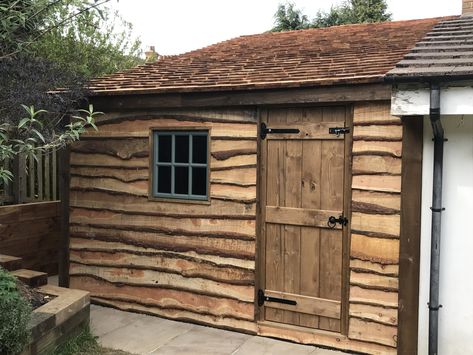 Timber Shed Ideas, Shed With Log Store, Cedar Siding Exterior, Garden Sheds Uk, Brick Shed, Wood Panneling, Bespoke Garden, Rustic Shed, Rustic Wood Projects