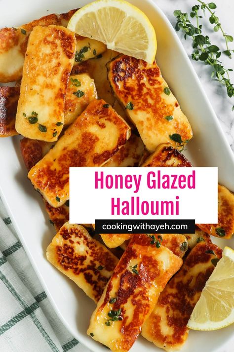 Baked Cheese With Honey, Fried Cheese With Honey, Halumi Cheese With Honey, Halloumi Cheese Appetizers, Fried Cheese And Honey, Grilled Haloumi Recipes, Honey Glazed Halloumi, Halloumi Honey Recipes, How To Cook Halloumi Cheese