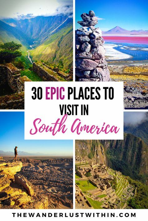 Looking for South America destinations to visit? This post contains information on the best places to in South America to travel to, like Machu Picchu, Peru, Bolivia, Easter Island, the Galapagos islands, Brazil, Rio de Janeiro, Colombia, Chile, Patagonia, Argentina and Ecuador. Best Places To Travel In South America, Best Places To Visit In South America, South America Aesthetic, South America Trip, South America Travel Route, South America Travel Photography, Chile Patagonia, South America Travel Itinerary, South America Travel Destinations