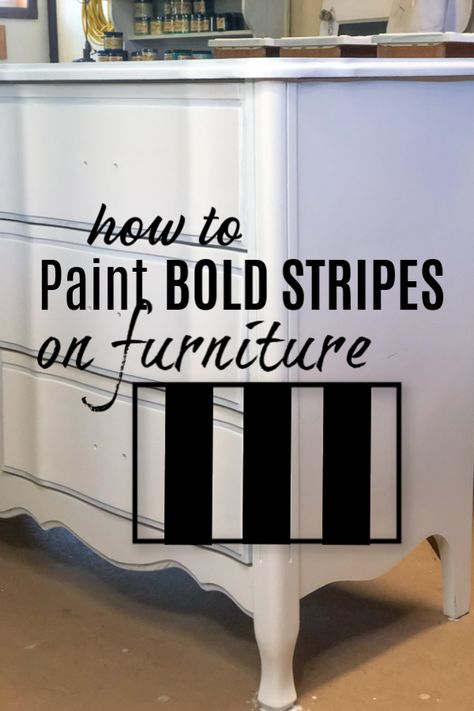 Black And White Striped Coffee Table, How To Paint Stripes On Furniture, Paint Stripes On Furniture, Black And White Furniture Painting Ideas, Black And White Furniture Ideas, Black And White Painted Furniture, Furniture Painting Patterns, Feminine Furniture, Striped Dresser