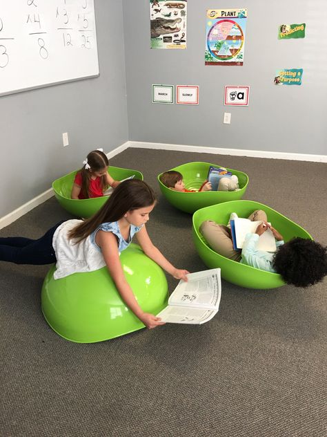 ABL 507 Green Rockin Turtle ShellThe rocking turtle shell is designed with safety and fun in mind! The bottom has a smooth curve to prevent children from getting hurt when they rock from side to side.  A perfect addition to any classroom, lab, o... Kids Study Room Ideas, Sensory Classroom, Reading Corner Classroom, Turtle Shells, Kids Fitness, Kids Cafe, Sensory Rooms, Elementary School Classroom, Sensory Room