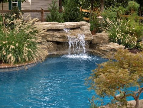 Swimming Pool Natural, Pool Waterfall Landscaping, Pool Natural, Waterfall Landscaping, Swimming Pool Waterfall, Simple Backyard, Landscaping Backyard, Pools Backyard Inground, Rock Waterfall