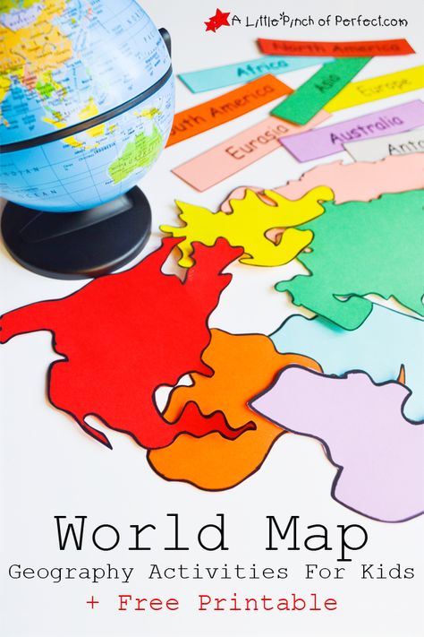 World Map Geography Activities For Kids + Free Printable | A Little Pinch of Perfect Geography Lessons Preschool, Continents Coloring Page Free Printable, Countries Activities For Kids, Country Activities For Kids, Geography Themes, Interactive World Map, Continents Activities, World Map Puzzle, Montessori Geography