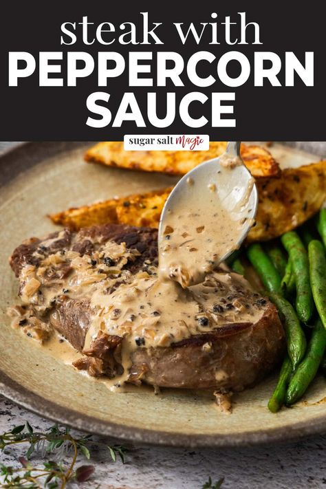 Elevate your steak night with this steak and peppercorn sauce. Spicy, creamy and delicious, it's an easy yet impressive dinner. With it's spicy kick and luxurious creaminess, this creamy peppercorn sauce is wonderfully rich and indulgent. It's takes the humble steak to new heights. Just simple cracked black pepper gives the spice, Worcestershire for a bit of tang, beef stock and pan juices for more beefiness and cream for body, flavour and texture - all combined for the perfect balance. Dinner Party Steak, Mushroom Peppercorn Sauce For Steak, Steak Dinner Party, Healthy Steak Dinner Recipes, Peppercorn Recipes, Creamy Steak Sauce, Easy Peppercorn Sauce, Steak Cream Sauce, Creamy Pepper Sauce