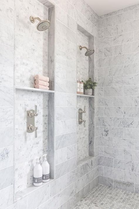 Master Bath With Double Shower Heads, Shower Long Shelf, Luxury Built In Bathtub, Master Bath Niche Ideas, Double Shower Head With Niche, Bathroom Shower Next To Toilet, Trench Drain Shower Pan, Master Bath Shower Niche Ideas, Master Bath Double Shower Head