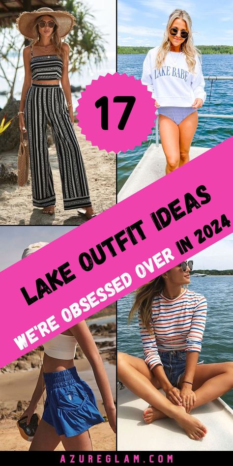 Make waves with your style at the lake with our selection of 17 vibrant lake outfit ideas for 2024. From trendy swimwear to stylish cover-ups and accessories, our curated collection has everything you need to stay fashion-forward by the water. Whether you're soaking up the sun or enjoying water sports, our chic ensembles will keep you looking and feeling cool all summer long. Dive into fashion with our vibrant lake attire! Lake Looks For Women, Lake Style Outfit, Lake Outfits For Women, Lake Outfit Summer Casual, Lake House Outfits Summer, Camping Summer Outfits, Summer Lake Outfits, Lake Outfit Ideas, Lake Attire