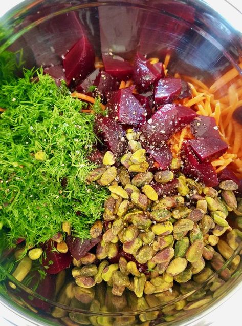 - Carrot and Beet Salad with Fresh Dill and Roasted Pistachios Beet Salad Recipe, Roasted Pistachios, Pistachio Salad, Beet Salad Recipes, Roasted Beet Salad, Fresh Beets, Beetroot Salad, Beet Recipes, Carrot Salad