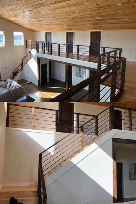 Barndominium Loft Railing, Barndominium Loft Stairs, Bardominum Ideas With Garage, Barndominium Railing, Morton Building Homes Interior, Two Story Barndominium Interior, Loft In Barndominium, Stairs In Barndominium, Bardominum Interior