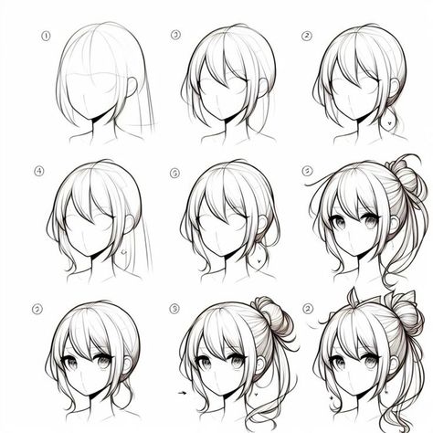 Hair Styles1 Step-by-step guide to drawing nine different anime hairstyles, showcasing diverse looks and styles. | Sky Rye Design Anime Hair 3/4 View, How To Draw Anime Hair Step By Step, Different Anime Hairstyles, Drawing Anime Head, Anime Character Design References, Practicing Anatomy, Easy Sketching, Sketching Skills, Virtual Reality Art