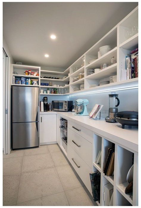 Pantry With Fridge, Walk In Pantry Ideas Layout, Scullery Ideas, Walk In Pantry Ideas, Pantry Layout, Dream Pantry, House Pantry, Pantry Inspiration, Pantry Laundry Room