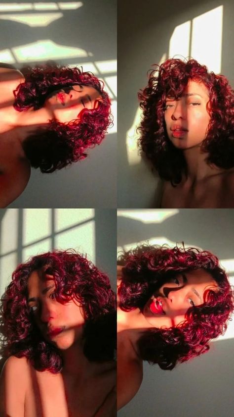 Sultry Scarlet: Elegant Hairstyles to Complement Your Red Hair Wine Red Hair, Red Underdye Hair Curly, Short Red Curly Hair, Short Curly Red Hair, Curly Hair Red, Pelo Color Borgoña, Red Hair Tips, Underdye Hair, Dyed Curly Hair