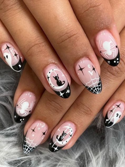 short Halloween nails: black and white astrology Witch Halloween Nails Acrylic, Nail Design On Natural Nails Art Ideas, Cat Halloween Nails Design, Negative Space Halloween Nails, Almond Nail Halloween Designs, Feminine Halloween Nails, Spooky Gel X Nails, Spooky Halloween Nails Short Almond, Halloween Nails Inspo Short