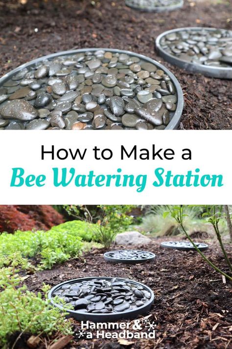 Bee bath watering station made with concrete planter saucers and gray river rocks Beekeeping Water Source, Birdbath Ideas Landscaping Focal Points, Water For Bees Ideas, Bee Fountain Diy, Bee Waterer Station, Butterfly Bath Diy, Flower Garden For Bees, Bee And Butterfly Waterer, Bee Yard Ideas