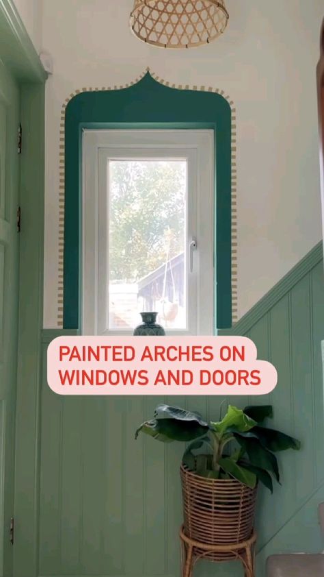 Painted Arch Dining Room, Painted Arch Over Door, Painted Arch Window, Faux Arched Windows, Painted Arch Over Window, Painted Arch Around Window, Painted Archway On Wall, Painted Doorways Interior, How To Make A Square Window Look Arched