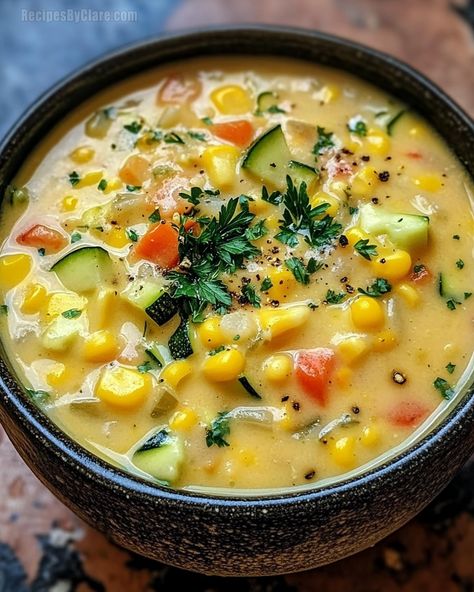 Summer Zucchini Corn Chowder, Yellow Squash Corn Chowder, Corn Zucchini Chowder, Corn And Zucchini Chowder, Zucchini And Squash Soup Recipes, Butternut Squash And Corn Soup, Summer Corn And Zucchini Chowder, Zucchini Corn Chowder, Zucchini Corn