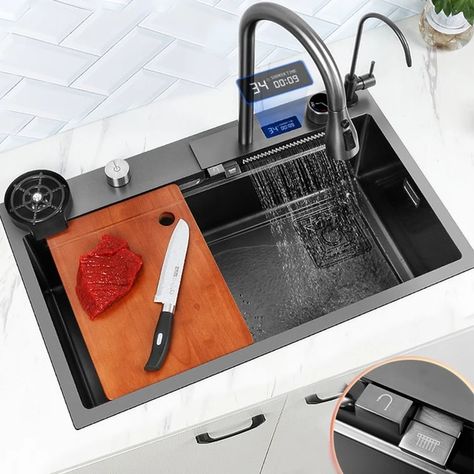 Waterfall Sink Kitchen Stainless Steel Topmount Sink Large Single Slot Wash Basin With Multifunction Touch Waterfall Faucet - Kitchen Sinks - AliExpress Waterfall Sink, Stainless Steel Texture, Topmount Sink, Modern Kitchen Sinks, Lamp Kitchen, Kitchen Sink Stainless Steel, Kitchen Stainless Steel, Sinks Kitchen Stainless, Sink Kitchen