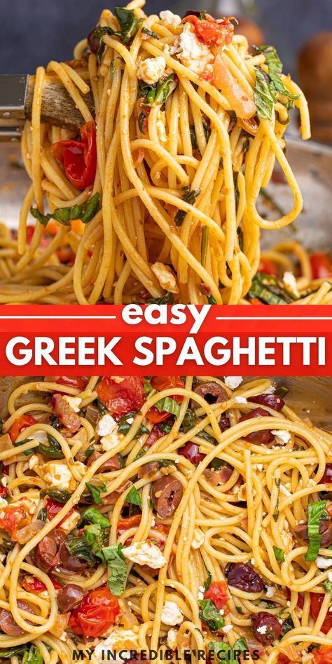 This Greek spaghetti is a one-pot dinner idea that is loaded with all your favorite Greek flavors. Tender pasta is paired with homemade olive oil and red vinegar dressing, and topped with kalamata olives, feta cheese, cherry tomatoes, spinach, and more. This dish is a hearty and comforting pasta dish that is perfect for a side dish or main course. Try this easy Greek spaghetti recipe today! Homemade Olive Oil, Greek Spaghetti, Mediterranean Recipes Healthy, Mediterranean Diet Recipes Dinners, Mediterranean Pasta, Easy Mediterranean Diet Recipes, Greek Pasta, Vinegar Dressing, Greek Flavors