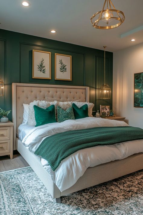 Elegant bedroom design with gold pendant lights and emerald green pillows, offering a stylish and balanced look. Emerald Green And Gold Bedroom, Green And Gold Bedroom Ideas, Green And Gold Bedroom, Emerald Green Rooms, Emerald Bedroom, Feminine Bedroom Design, Edgy Bedroom, Gold Bedroom Ideas, Dark Feminine Bedroom