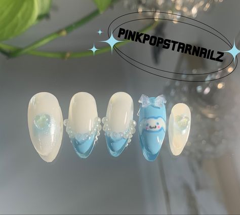 Cinnamoroll Nails Simple, Blue Sanrio Nails, Blue Cinnamoroll Nails, Cinnamon Roll Nail Art, Sanrio Nails Cinnamoroll, Cinnamonroll Sanrio Nails, Cinnamon Roll Nails Sanrio, Cinnamoroll Nail Art, Cinnamon Roll Nails