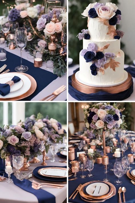 Rose Gold And Lavender, Blue And Rose Gold Wedding, Gold Wedding Color Palette, Navy Blue And Rose Gold, Lavender Wedding Colors, Gold And Lavender, Navy Blue Wedding Theme, Wedding Color Palette Ideas, Blue And Rose Gold