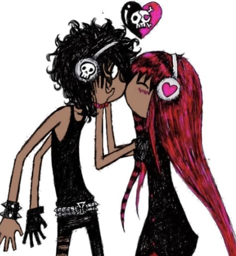 Emo Couple Drawing, Drawing 2000s, Emo Couple, Couple Drawing, My Bf, Cartoon Characters, Pink, Black