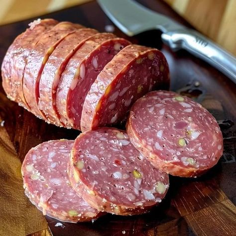 Very Good Recipes | Homemade Summer Sausage 🌞🥩 | Facebook Homemade Hotdogs Recipes, Pickled Sausage Recipe, Venison Summer Sausage Recipe, Homemade Summer Sausage, Bacon Maple Syrup, Pickled Sausage, Summer Sausage Recipes, Curing Meat, Meat Curing