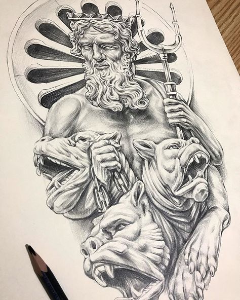 Hercules Tattoo, Hades Tattoo, Arm Tattoos Black, Hades Greek Mythology, Greek God Tattoo, Egyptian Tattoo Sleeve, Statue Tattoo, Greek Mythology Tattoos, God Tattoos